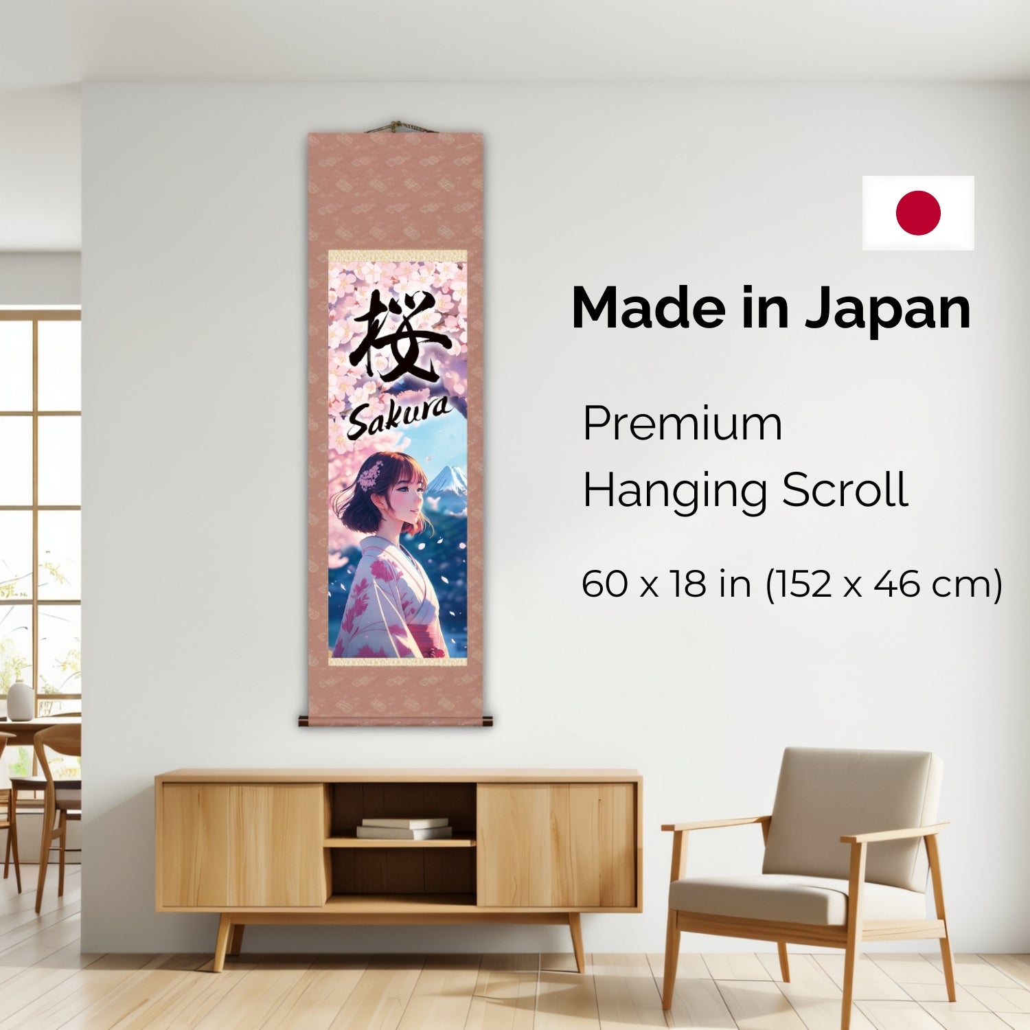 Papier peint mural Sakura Kakemono d'anime japonais – Femme en kimono avec le Mont Fuji 
